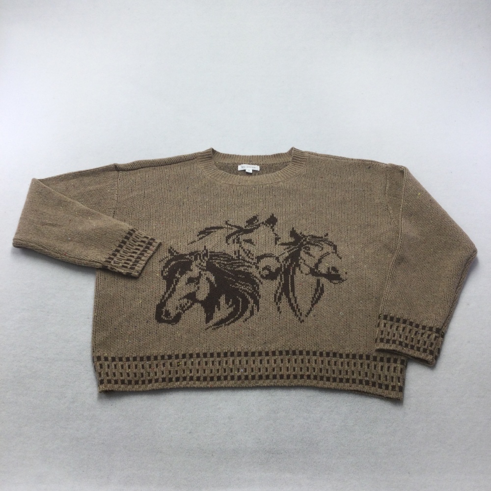 Blu Pepper Sweater Womens Small Brown Horse Crew Neck Long Sleeve Pullover Knit